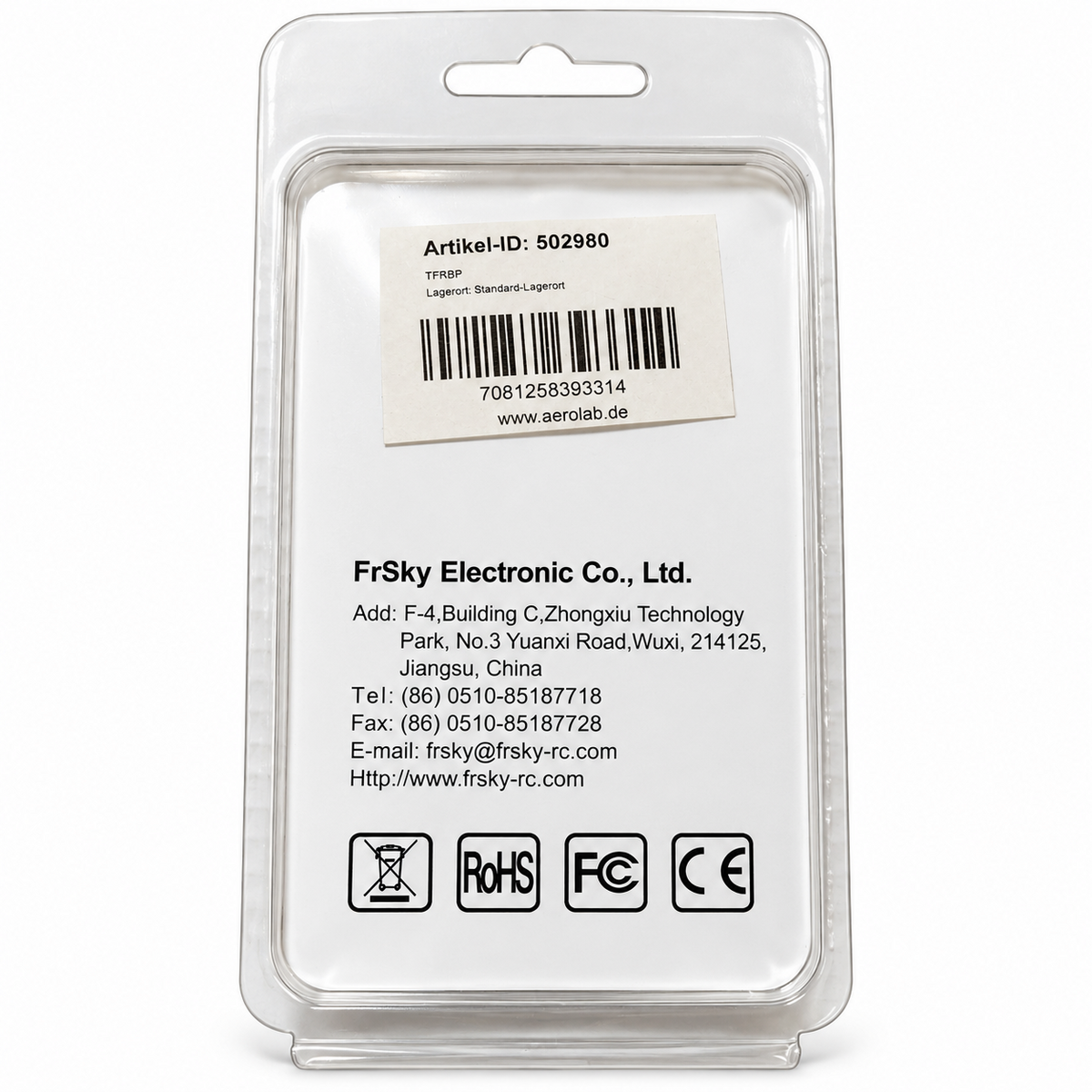 FrSky TFRSP Originalverpackung Rückseite – Artikel-ID 502980 und EAN 7081258393314