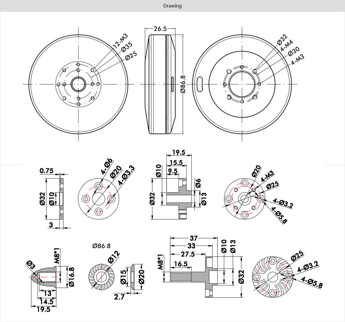 T-Motor U8 PRO KV135 technische Zeichnung und Abmessungen