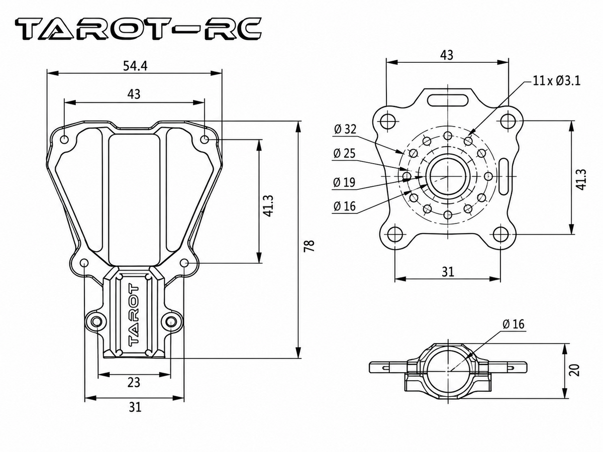 TAROT TL68B34 technische Zeichnung mit Abmessungen und Motor-Lochbild