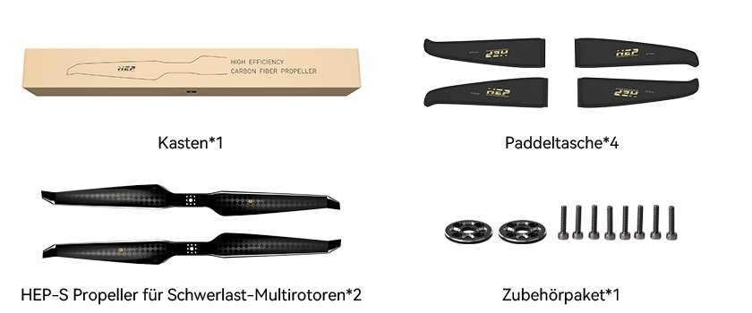 T-Motor HEP-S Lieferumfang – 2 Propeller, 4 Paddeltaschen, Zubehörpaket und Kasten