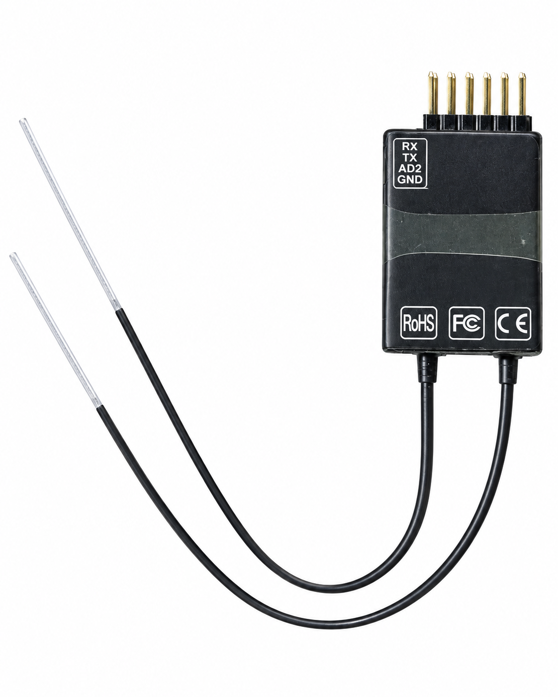 FrSky D4R-II Empfänger Rückseite mit Dual-Antennen und Telemetrieanschlüssen