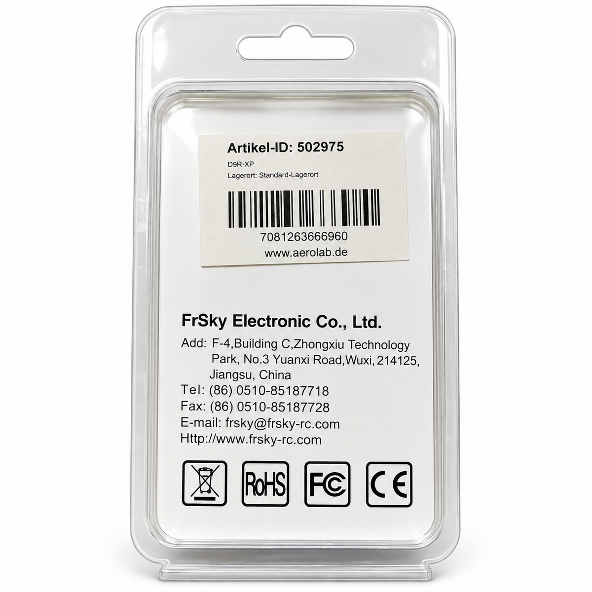 FrSky D8R-XP Originalverpackung – Rückseite mit Artikel-ID 502975 und EAN 7081263666960