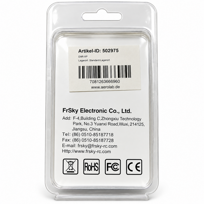 FrSky D8R-XP Originalverpackung – Rückseite mit Artikel-ID 502975 und EAN 7081263666960