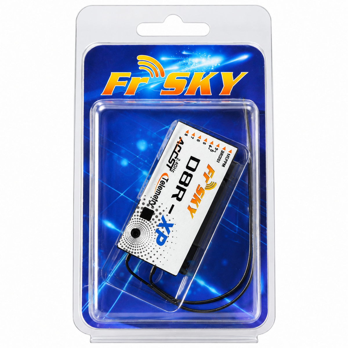 FrSky D8R-XP ACCST Telemetry Empfänger in Originalverpackung – Vorderseite