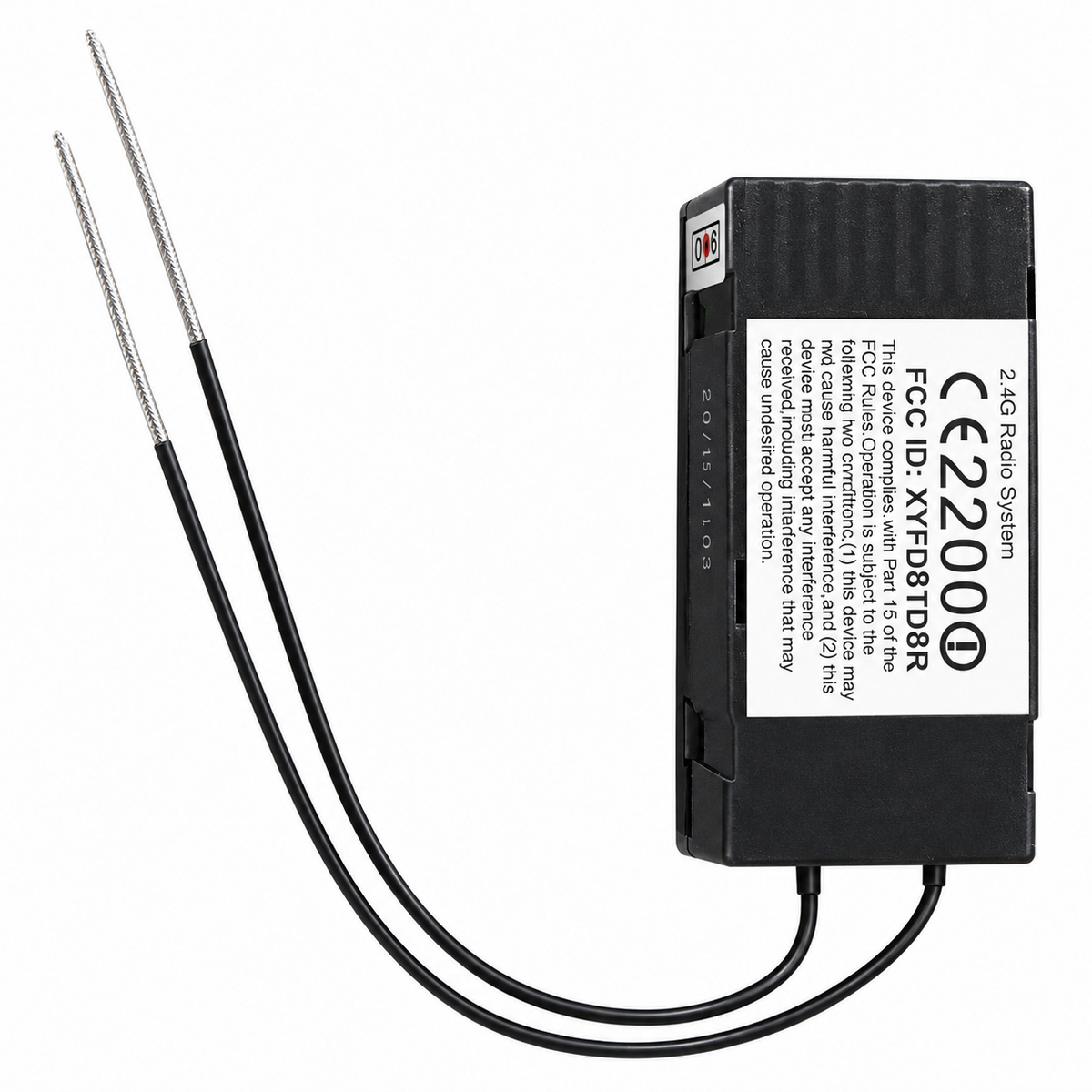 FrSky D8R-XP 2.4GHz Empfänger – Rückseite mit FCC Kennzeichnung