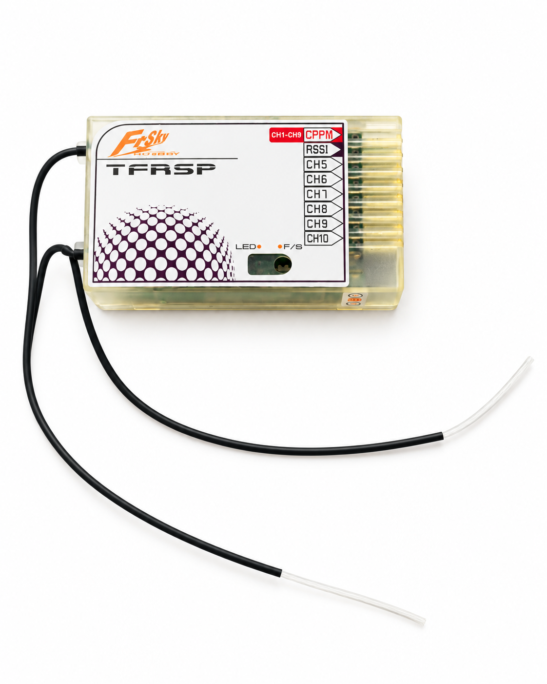 FrSky TFRSP 10-Kanal FASST Empfänger mit CPPM und RSSI – Vorderseite