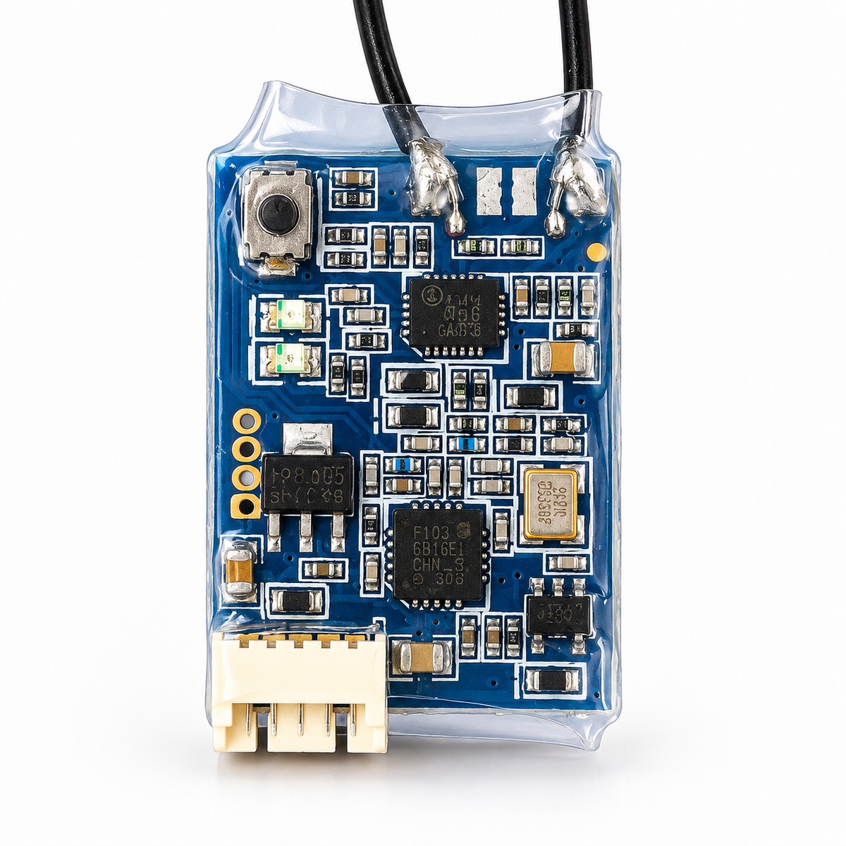 FrSky XSR EU LBT Empfänger – Platine Vorderseite mit S.Port und Antennen