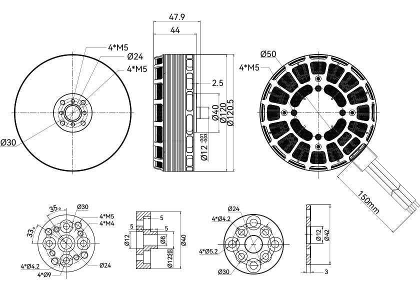 T-Motor MN1115 technische Zeichnung mit Abmessungen