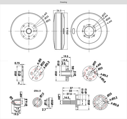 T-Motor U8 PRO KV135 technische Zeichnung und Abmessungen