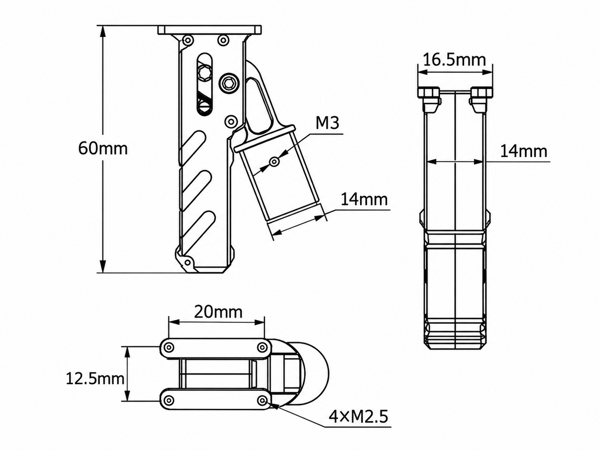 TAROT TL65B45 Maßzeichnung 60 mm 14 mm 20 mm 16,5 mm Einziehfahrwerk