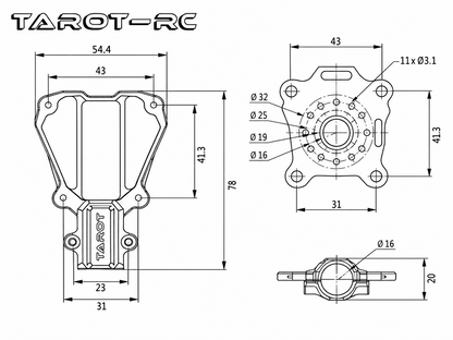 TAROT TL68B34 technische Zeichnung mit Abmessungen und Motor-Lochbild
