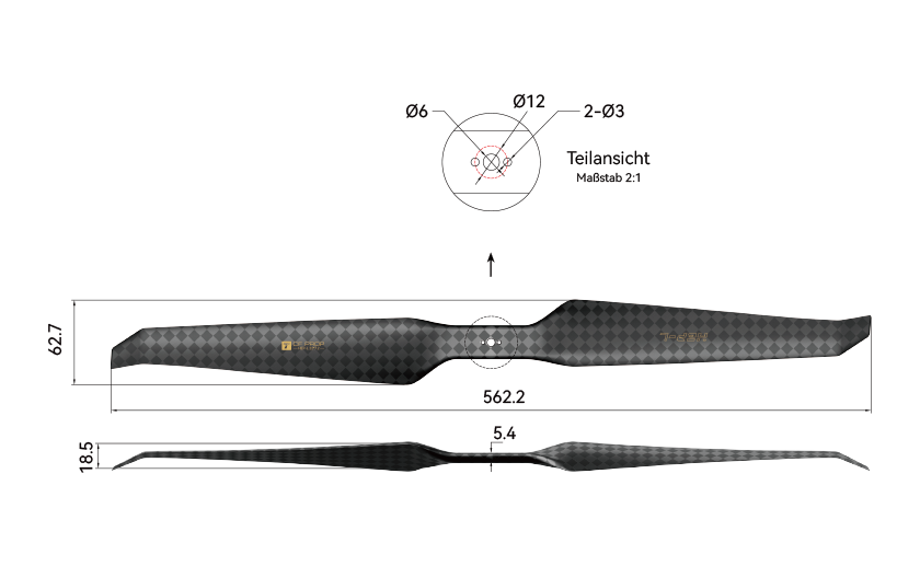 T-Motor HEP-L 22x7.2 Carbon Propeller – technische Zeichnung und Abmessungen