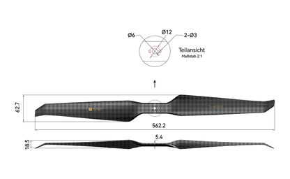 T-Motor HEP-L 22x7.2 Carbon Propeller – technische Zeichnung und Abmessungen