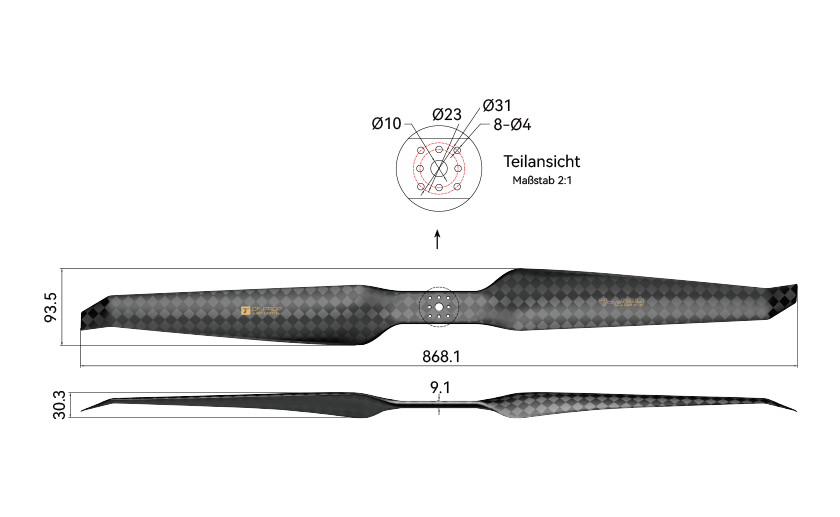 T-Motor HEP-L 34x11.5 Carbon Propeller – technische Zeichnung und Abmessungen