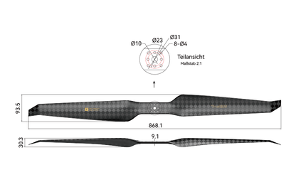 T-Motor HEP-L 34x11.5 Carbon Propeller – technische Zeichnung und Abmessungen