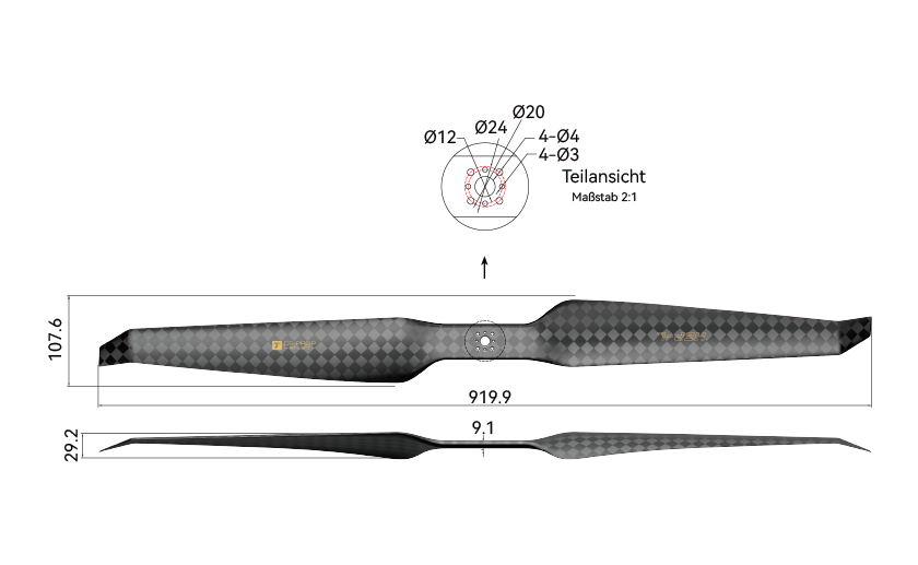 T-Motor HEP-L 36x12 Carbon Propeller – technische Zeichnung und Abmessungen