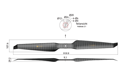 T-Motor HEP-L 36x12 Carbon Propeller – technische Zeichnung und Abmessungen