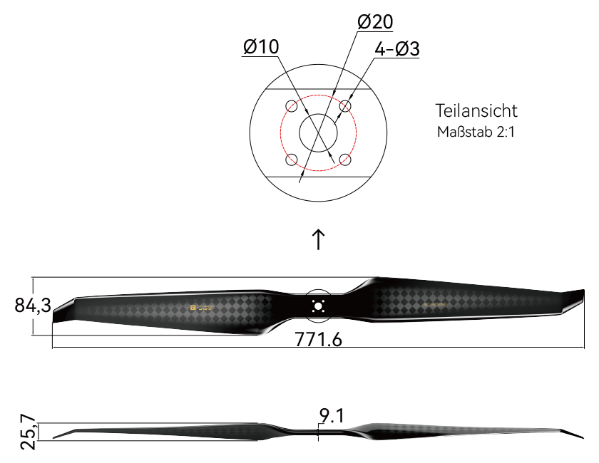 T-Motor HEP-S 30×10,5 Carbon Propeller – Technische Zeichnung mit Abmessungen und Bohrbild