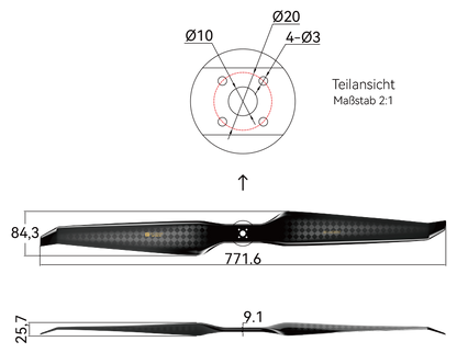 T-Motor HEP-S 30×10,5 Carbon Propeller – Technische Zeichnung mit Abmessungen und Bohrbild