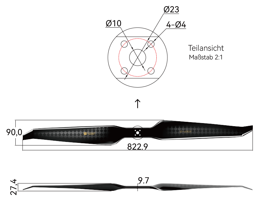 T-Motor HEP-S 32×11 Carbon Propeller – Technische Zeichnung mit Abmessungen und Bohrbild