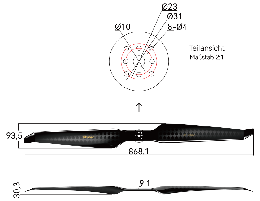 T-Motor HEP-S 34×11,5 Carbon Propeller – Technische Zeichnung mit Abmessungen und Bohrbild