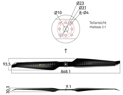 T-Motor HEP-S 34×11,5 Carbon Propeller – Technische Zeichnung mit Abmessungen und Bohrbild