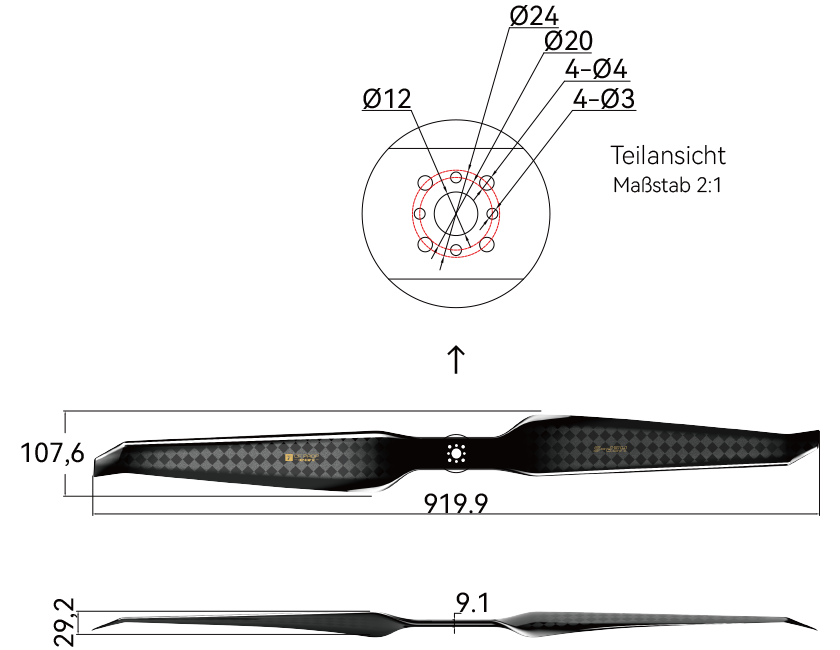 T-Motor HEP-S 36×12 Carbon Propeller – Technische Zeichnung mit Abmessungen und Bohrbild