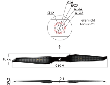 T-Motor HEP-S 36×12 Carbon Propeller – Technische Zeichnung mit Abmessungen und Bohrbild