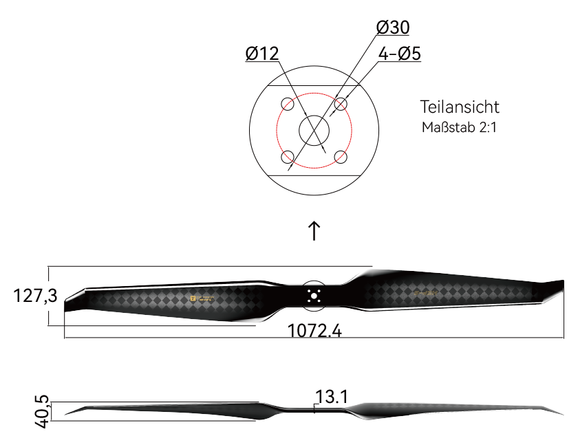 T-Motor HEP-S 42×16 Carbon Propeller – Technische Zeichnung mit Abmessungen und Bohrbild